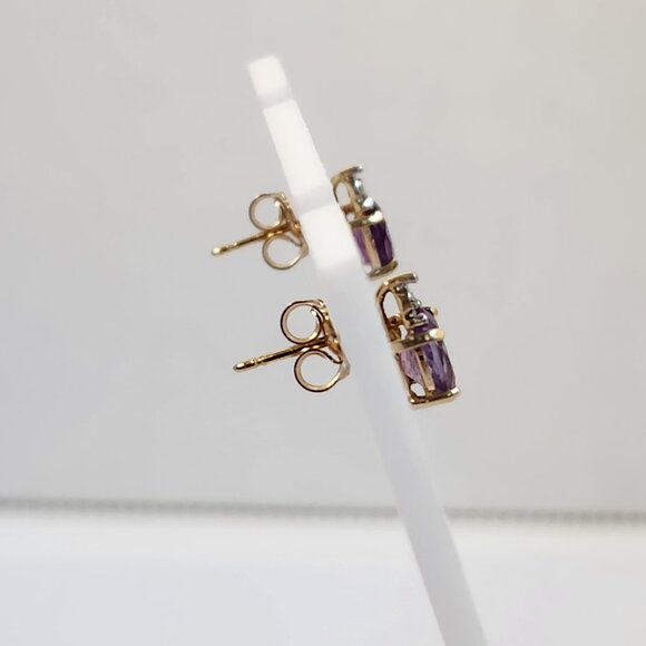True VTG 80s 14K Solid Gold Natural Amethyst & Diamond Stud Earrings - Picture 15 of 15